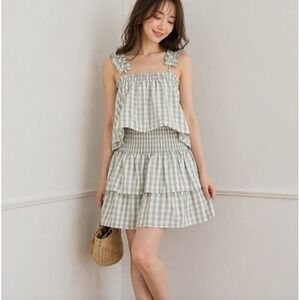 Gingham Tiered Smocked Mini Dress - Light Sage